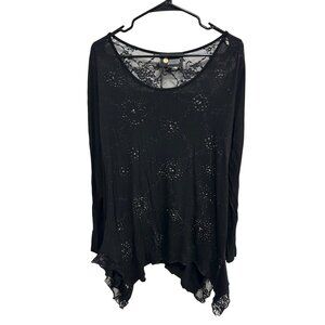 Christine Alexander Black Long Sleeve Studded Blouse Lace Hem Top Size M Chic